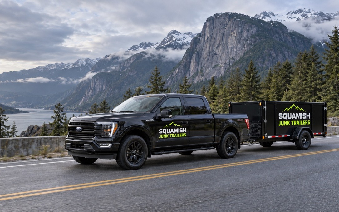 Black pickup towing a compact black single-axle Squamish Junk Trailers trailer